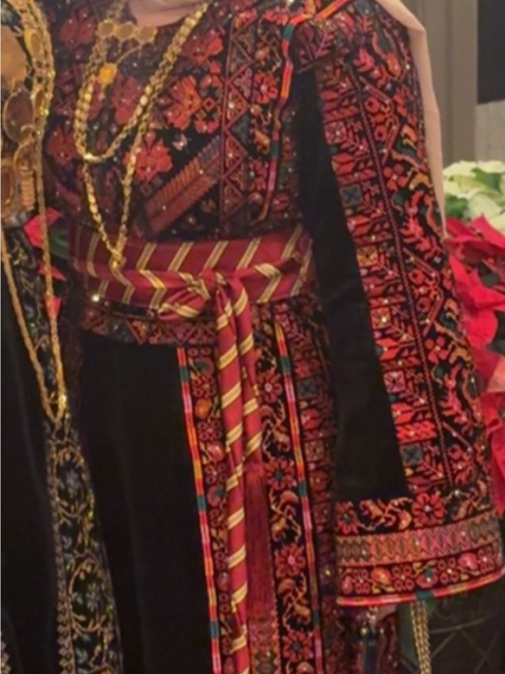 Embroidered Black and Red Wedding Dress with Striped Sash